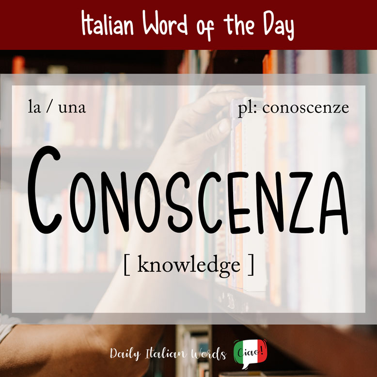 cover image with the word “conoscenza” and books in the background
