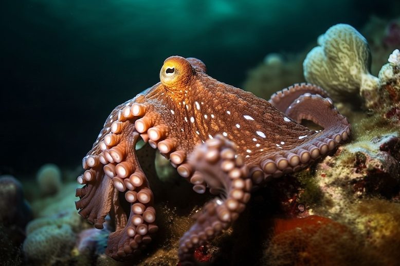 A closeup of a callistoctopus macropus on coral reef underwater