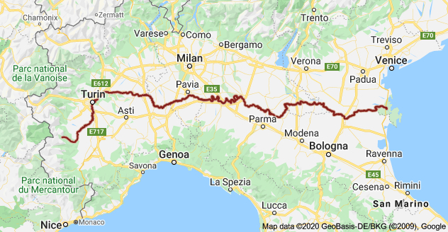 Map of the north of Italy showing the Po river.