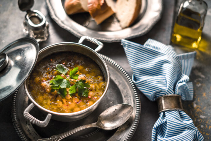 metal soup pot with chickpea soup