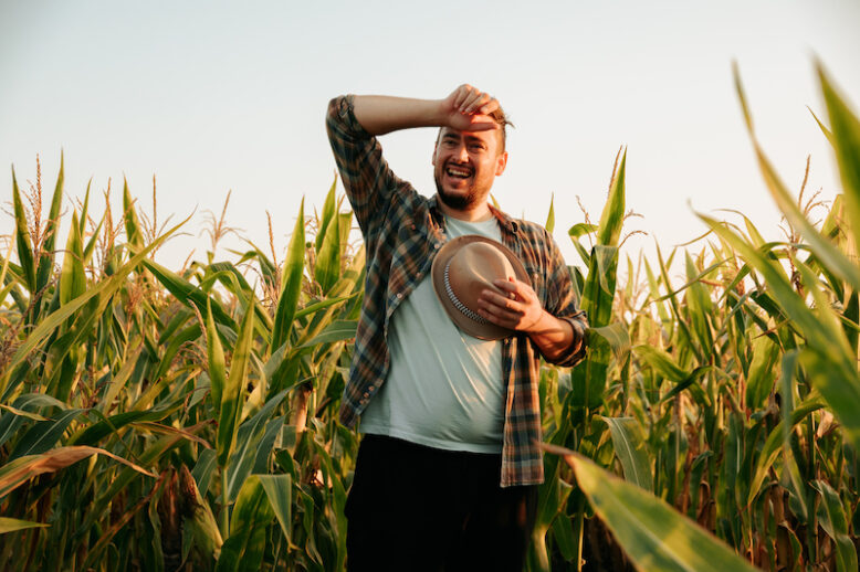 Tired young man stand in corn field, took off hat, wipes sweat from forehead, front view, looking away.