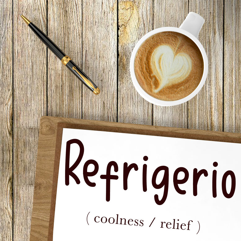 cover image with the word “refrigerio” and its translation written on a notepad next to a cup of coffee