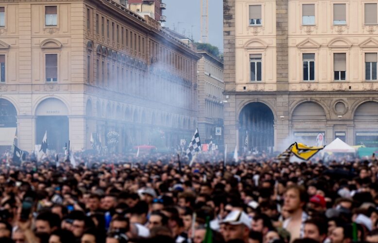 juventus supporters in Vittorio square in Turin, celebrating the championship win