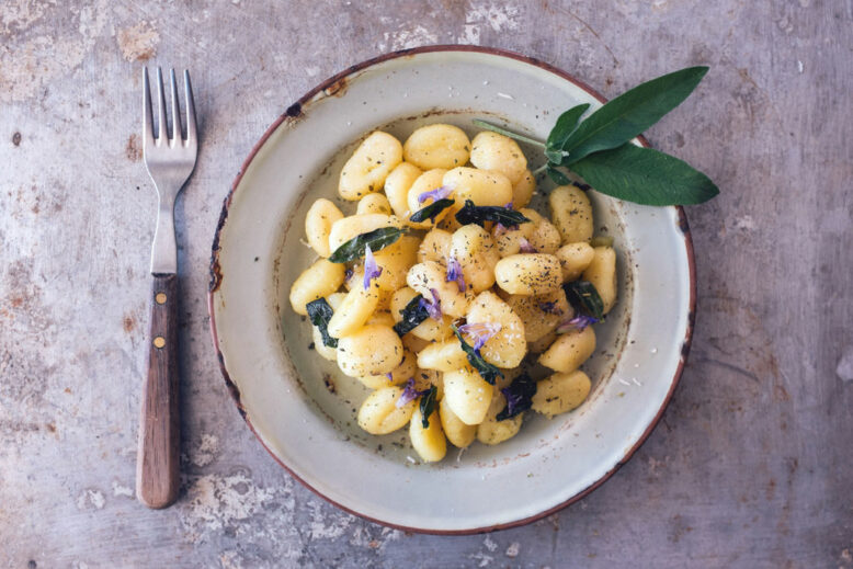 Gnocchi in sage butter with sage flowers