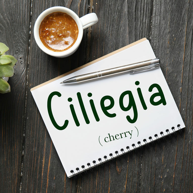 cover image with the word “ciliegia” and its translation written on a notepad next to a cup of cofee
