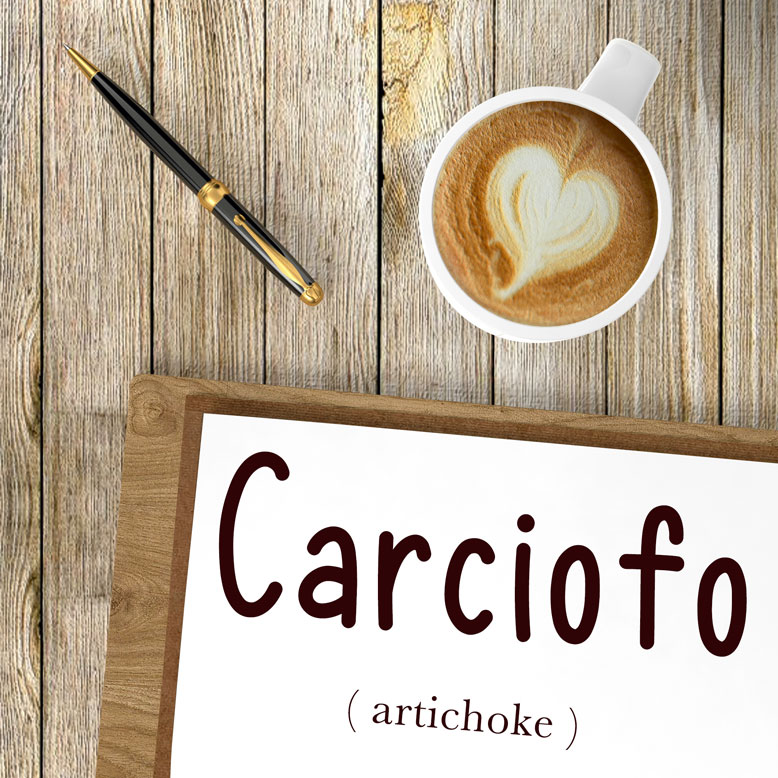 cover image with the word “carciofo” and its translation written on a notepad next to a cup of coffee