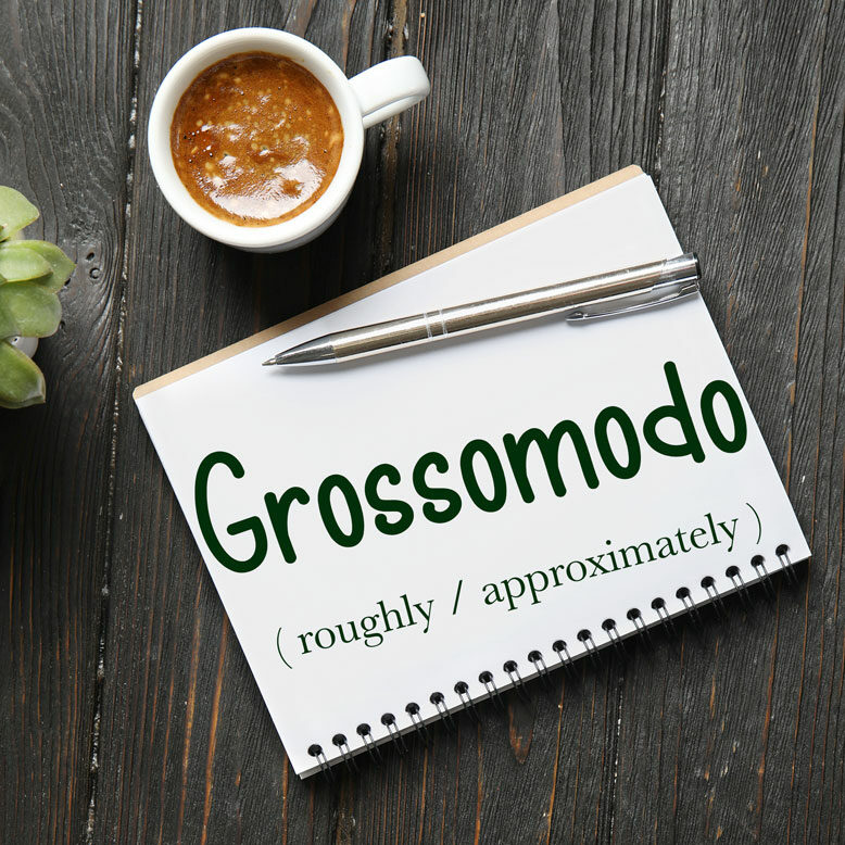 cover image with the word “grossomodo” and its translation written on a notepad next to a cup of coffee
