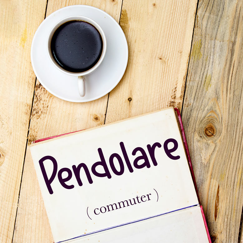 cover image with the word “pendolare” and its translation written on a notepad next to a cup of coffee