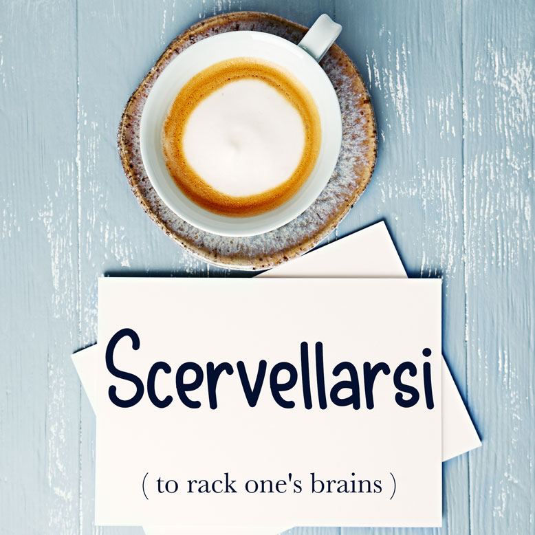 cover image with the word “scervellarsi” and its translation written on a notepad next to a cup of coffee