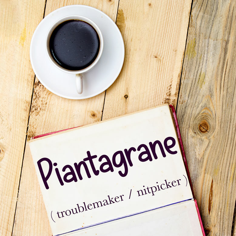 cover image with the word “piantagrane” and its translation written on a notepad next to a cup of coffee