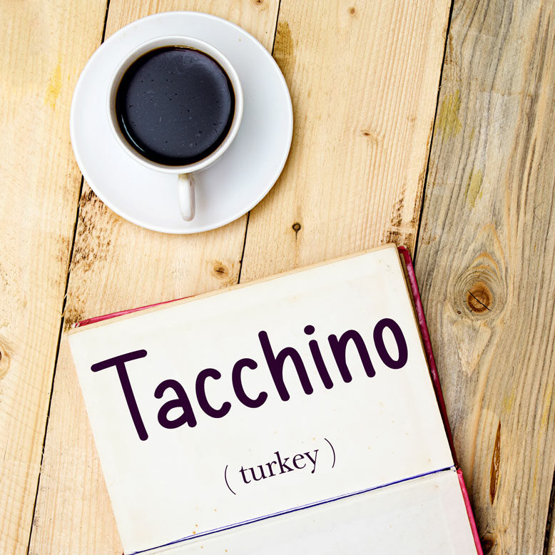 cover image with the word “tacchino” and its translation written on a notepad next to a cup of coffee