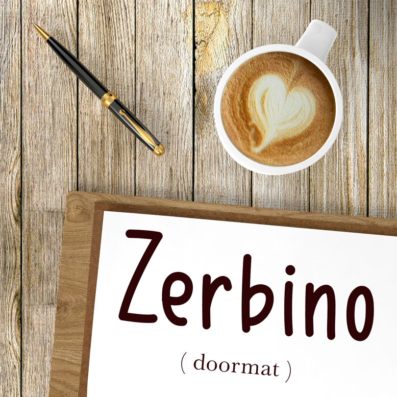 cover image with the word “zerbino” and its translation written on a notepad next to a cup of coffee