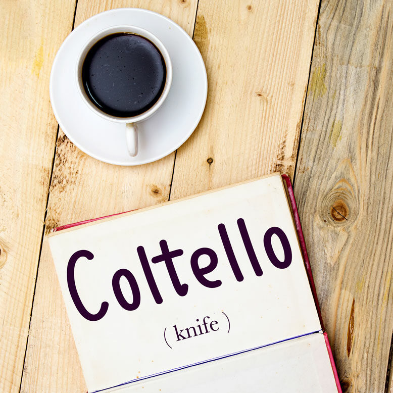 cover image with the word “coltello” and its translation written on a notepad next to a cup of coffee