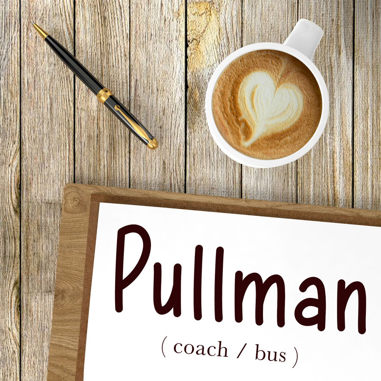 cover image with the word “pullman” and its translation written on a notepad next to a cup of coffee