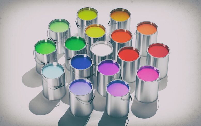 Paint buckets filled with different colours