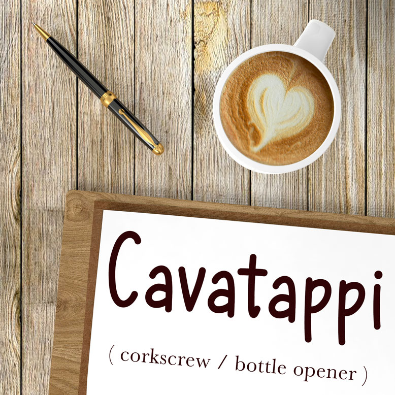 cover image with the word “cavatappi” and its translation written on a notepad next to a cup of coffee