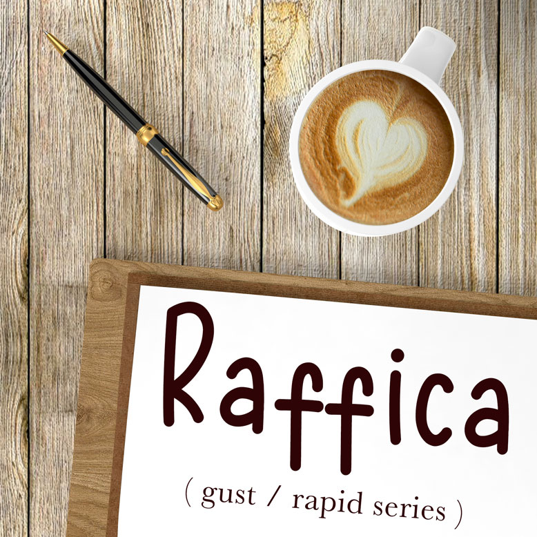 cover image with the word “raffica” and its translation written on a notepad next to a cup of coffee