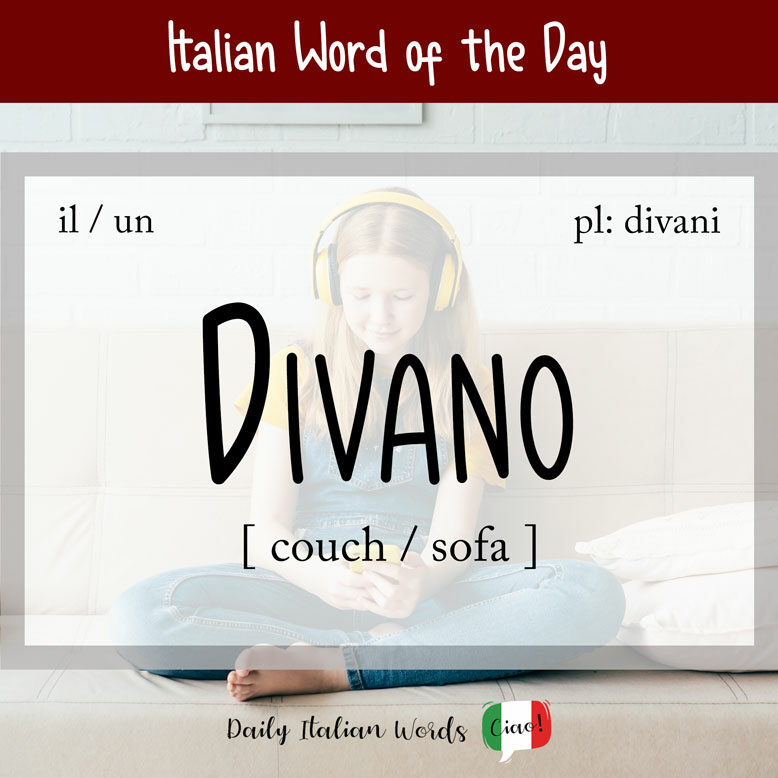 cover image with the word “divano” and a a young girl sitting on the couch and listening to music in the background