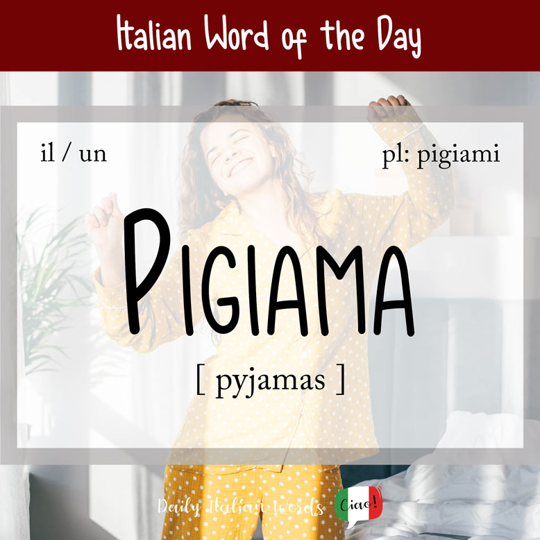 cover image with the word “pigiama” and a a woman wearing a yellow pyjamas in the background