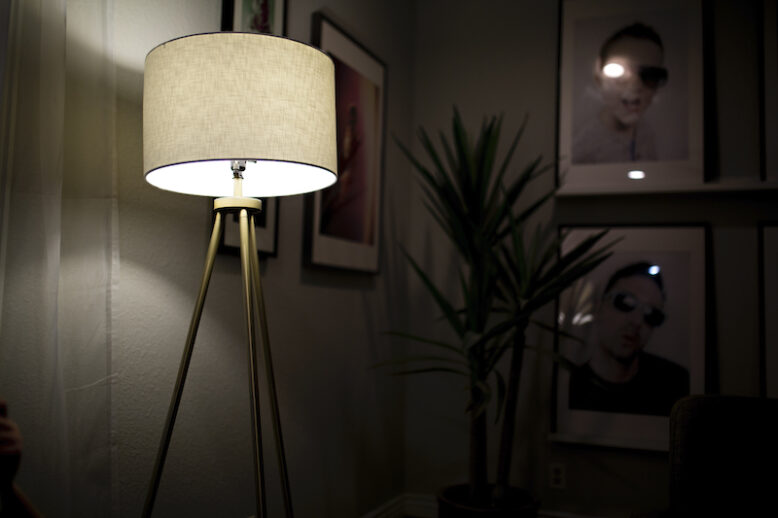 standing lamp near walls with picture frames