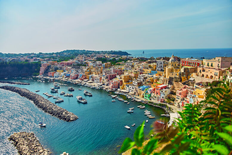 Procida island, Naples, Italy, colorful houses in Marina di Corricella Daylight view of beautiful Procida in sunny summer day