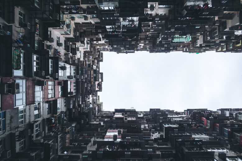 Low angle view image of a crowded residential building in community in Quarry Bay, Hong Kong
