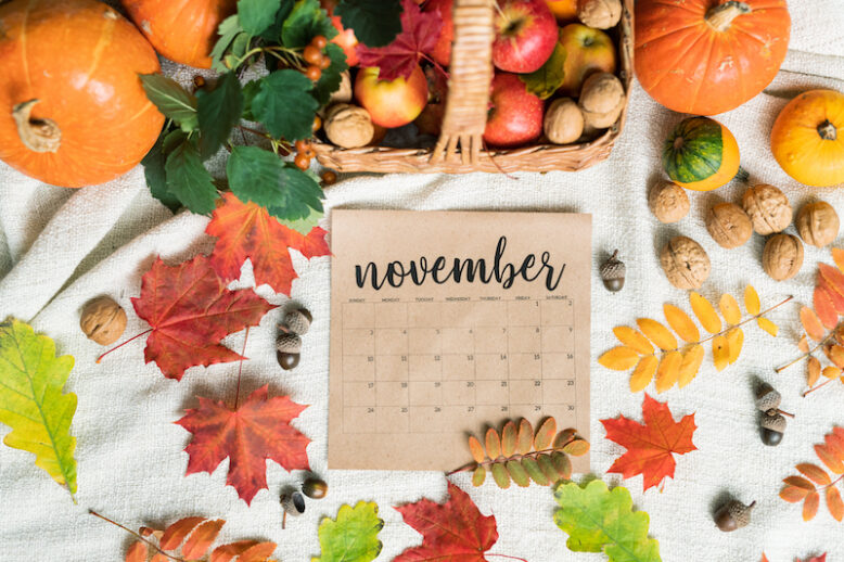 Top view of November calendar surrounded by red ripe apples, pumpkins, walnuts, acorns and autumn leaves
