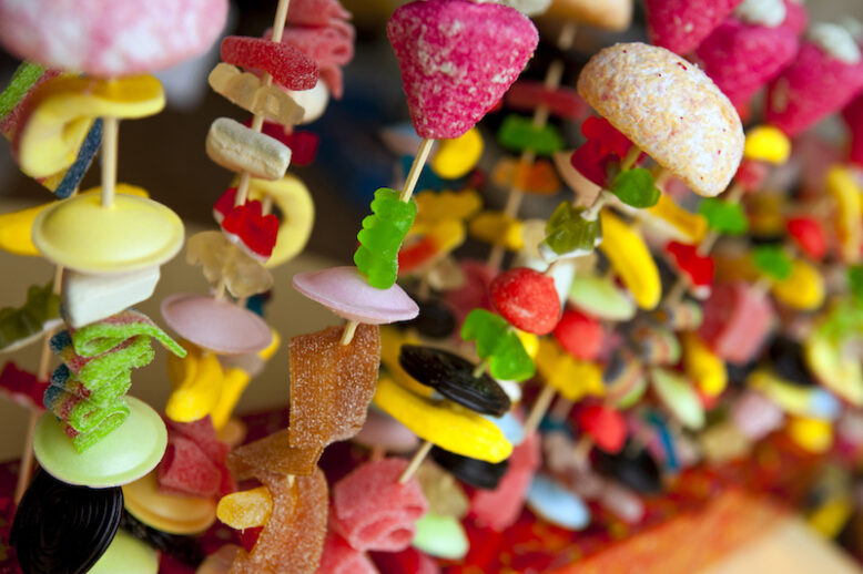Close up of candy skewers in a candy shop