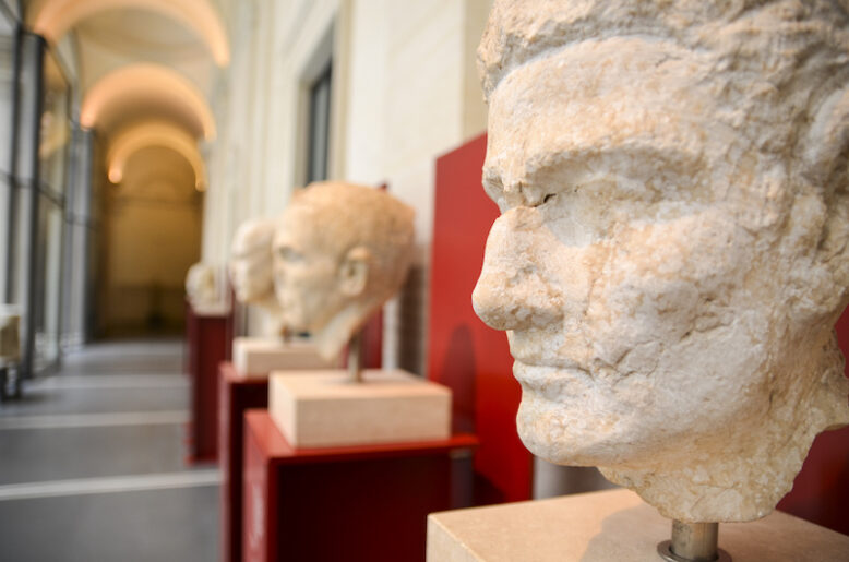 Close up of classical Roman busts in a gallery, Rome, Italy.