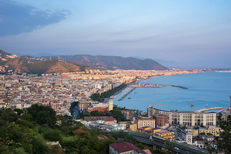 Aerial view of Salerno in Italy at sunset