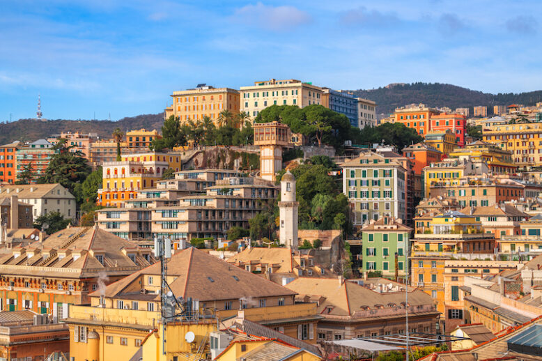 Genova, Italy city skyline view towards the historic center on a nice afternoon.