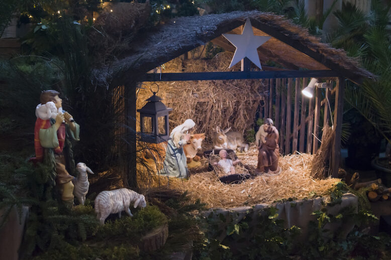 Christmas scene with Joseph Mary and small Jesus Creche