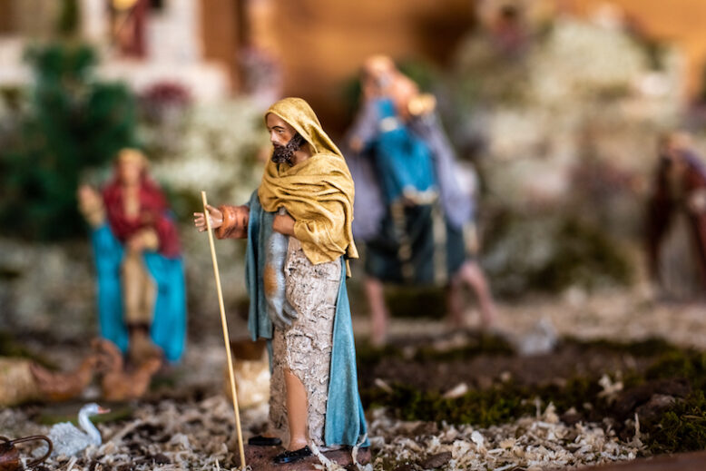 Religious figures of nativity scene at Christmas.