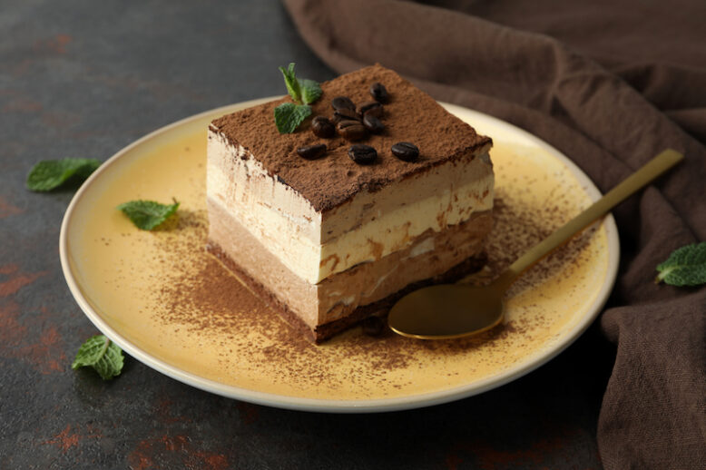 Concept of tasty dessert with Tiramisu cake, close up