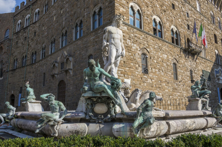 The Palazzo Vecchio (Old Palace) is the town hall of the city of Florence, Italy. It overlooks the Piazza della Signoria with its copy of Michelangelo's David statue. The historic centre of Florence (Firenze) is a UNESCO World Heritage Site.