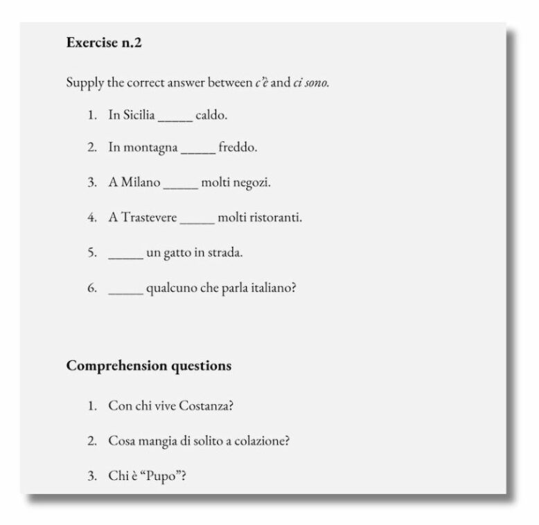 screenshot of one of the exercises and comprehension questions