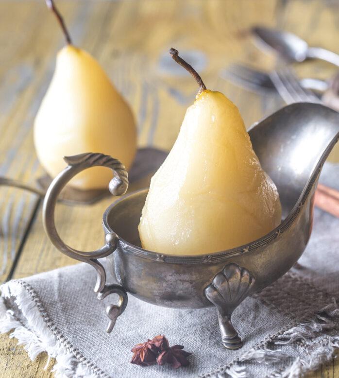 Poached pears in the gravy boat