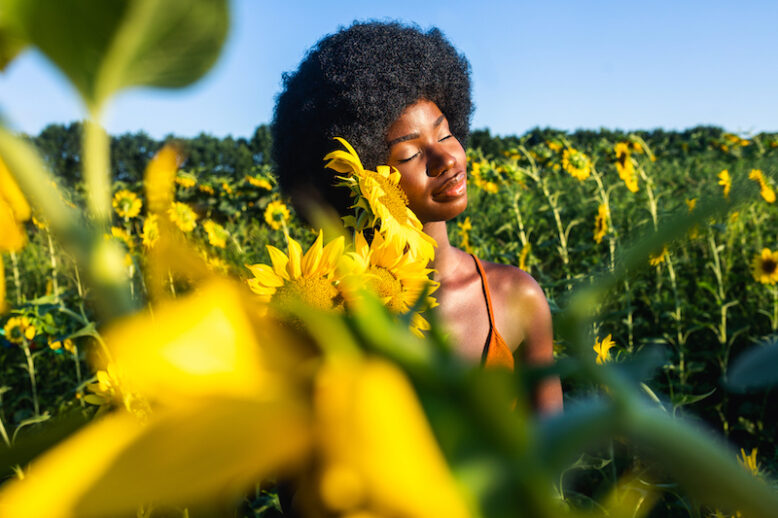 Beautiful afro-american woman with curly afro style hair in a sunflowers field