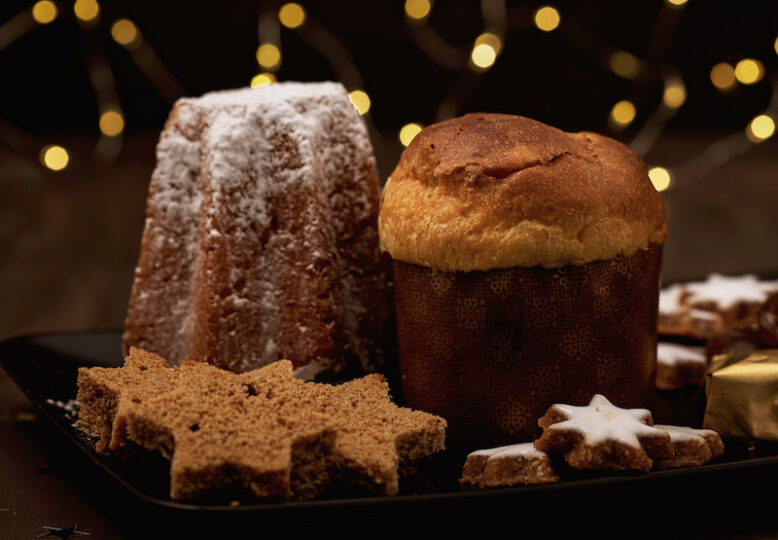Panettone, pandoro, gingerbread, glazed chestnuts, traditional Christmas sweets for winter holidays celebration. 