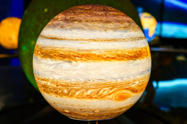 A closeup of the bright and beautiful small Jupiter planet in the planetarium 
