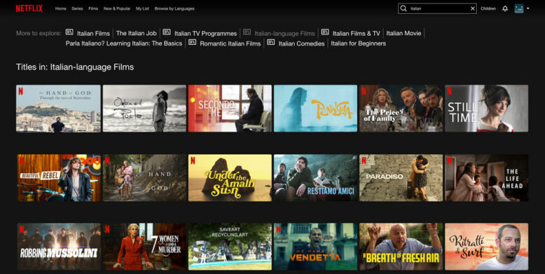 Screenshot of Italian films selection on Netflix