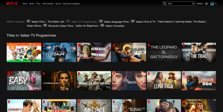 Screenshot of Italian TV series selection on Netflix