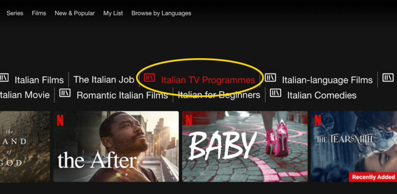 Italian TV programmes keyword suggestion on Netflix