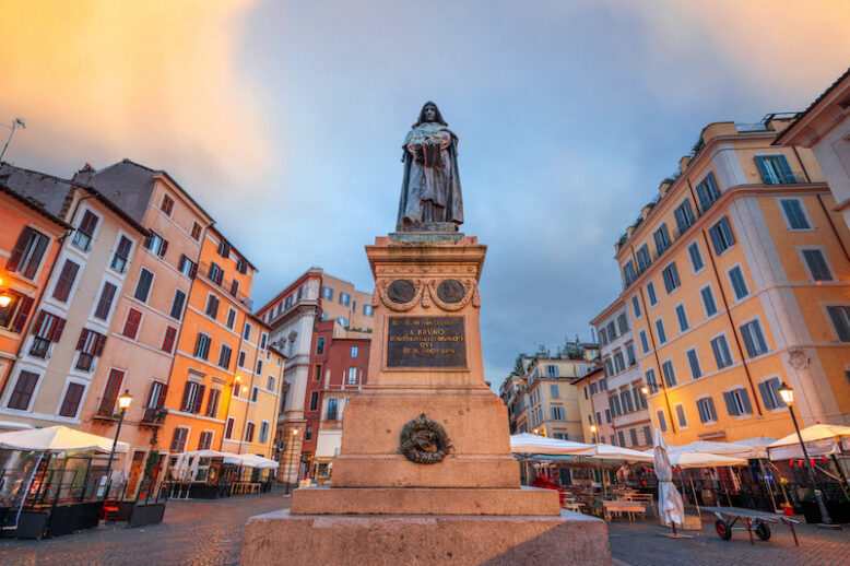 Campo de' Fiori in Rome, Italy at dawn. (Inscription reads: June 9, 1869 To Bruno - from the age he divined  - here where the fire burned).