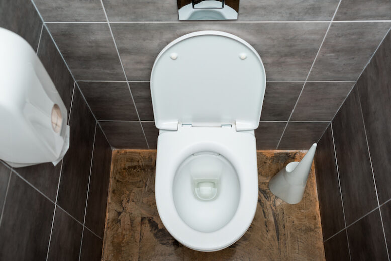 ceramic clean toilet bowl in modern restroom with grey tile and toilet brush